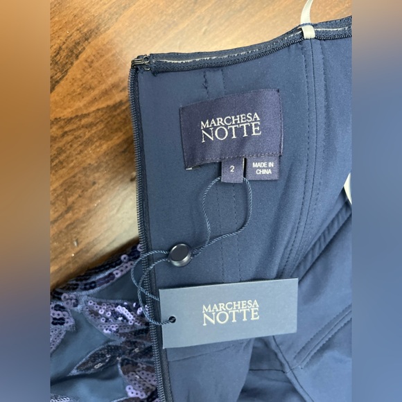 Marchesa Notte Lotus Sequin Midi Dress Size 2 Navy Formal Elegant Party Evening - Picture 11 of 16